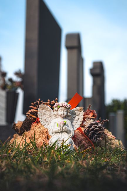 A close-up of a small angel figurine with detailed wings, wearing a pink floral crown and holding a tiny bouquet, placed on the ground amidst natural decorations including pinecones, dried flowers, an