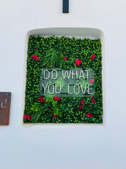 A decorative wall panel filled with lush green foliage and small pink flowers, featuring the illuminated white text 'DO WHAT YOU LOVE' centered within the greenery. The panel is set into a white wall 