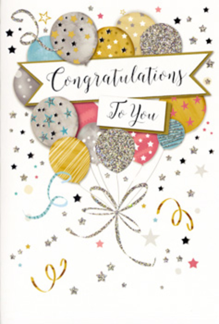 The image presents an elegant congratulations card that captures the feeling of a well-earned celebration, like the buoyant atmosphere after good news shared in a Canning Town café. At the heart of the design, a lush bouquet of illustrated balloons rises toward the top edge, overlapping in soft, rounded layers. Each balloon is carefully shaded in complementary tones-warm gold, muted champagne, polished silver, powder blue, rosy pink, and soft dove grey-so the cluster appears rich and full without ever becoming overwhelming. Decorative patterns of gleaming stars, fine stripes, and delicate dots dust the surfaces, giving the sense that each balloon carries its own little constellation. Slender, swirling ribbons trail gracefully from the base of the balloons in metallic gold and silver, tying the composition together much like a ribbon binding fresh stems at a local florist near the Royal Victoria Dock. A sweeping banner glides across the middle of the design, floating lightly over the balloons. It cradles the message Congratulations To You in stylish, flowing script, the kind of lettering that feels both celebratory and sincere, as though penned with care for one special recipient. Surrounding the central cluster, glittering stars, confetti-like specks, and curling lines drift across a pale, uncluttered background, evoking the joyful mess of a party's final moments-laughter fading, but happiness still bright in the air. You can almost sense the slight roughness of glitter and the smooth shine of printed ink beneath your fingertips. This card is perfectly suited to sit beside a vase of fresh flowers on a windowsill overlooking Canning Town, capturing the pride of graduations, promotions, and new beginnings with quiet glamour and heartfelt warmth.