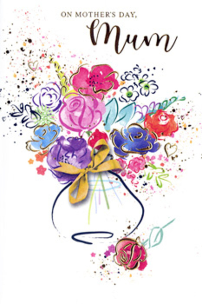 On this artistic Mother's Day card, a vibrant watercolour bouquet bursts from the centre of the page, painted with the kind of free yet intentional strokes that reflect both a florist's eye and an artist's heart. The flowers themselves are a joyful mix of colour: hot pink and cerise blooms mingle with velvety purples, soft blues, and touches of apricot, each petal loosely defined by graceful indigo outlines. Those outlines curl and taper like ink on handmade cards sold at small local markets near Canning Town, giving the bouquet an informal, almost whimsical elegance. Tiny accents of gold trace some petals and leaves, catching the light like the faint metallic sheen on luxury gift wrap. The bouquet sits in a rounded vase, its simple silhouette washed in gentle, translucent colour, and finished with a neat golden bow that looks as if it has been tied with deliberate care, just as a florist would do before sending a Mother's Day delivery across Custom House or along Silvertown Way. Surrounding the main composition, soft splashes of paint and heart motifs float and settle at the edges, suggesting movement, laughter, and the affectionate chaos of family life. The white background allows every tone to breathe, so each bloom appears to glow with gratitude, admiration, and warmth. The overall impression is of a bouquet that exists on paper yet feels as heartfelt and personal as a hand-delivered bunch of fresh flowers given to a cherished mum in Canning Town.
