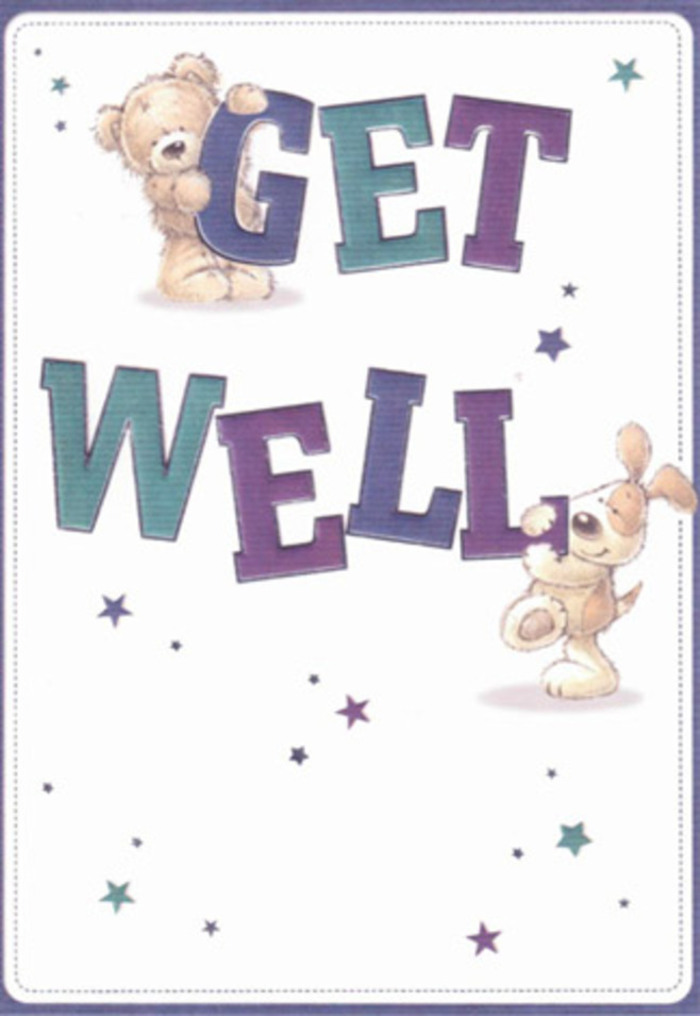 A vision of gentle encouragement unfolds in this get well card, its illustrated scene glowing with the kind of hopeful comfort that feels distinctly local to Canning Town. The eye is drawn first to the two central characters-a plump, endearing bear and a floppy-eared puppy-both rendered with lush, tactile detail that hints at the softness of a much-loved childhood toy. They interact playfully with bold, oversized letters shaded in vibrant purples and aquas, spelling out 'Get Well' with confidence and cheer. The painterly brushwork gives the characters a nearly touchable softness, echoing the textures of hand-tied bouquets crafted with care at shops throughout the E16 area. Twinkling, star-shaped accents in varying blues and violets burst across the clean white background like well wishes carried on the local breeze from Keir Hardie Recreation Ground. The composition radiates positivity, blending nurturance and light-hearted magic in a way that feels just right for buoying spirits-whether for a kind neighbour recuperating near Canning Town Docks or a beloved family member. Imagining this sweet card paired with a fresh bouquet from Florist Canning Town, one senses how deeply a thoughtful gesture can brighten someone's day, bringing a breath of hope and a sense of heartfelt community care.