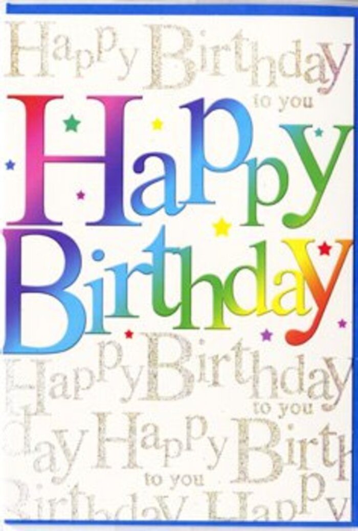 This birthday card looks like a burst of pure celebration, thoughtfully crafted to mirror the happiness of a special day shared with loved ones around Canning Town. The central focus is the phrase Happy Birthday, written in large, friendly letters that seem almost to hover off the card, each one wearing its own shade from a painter's rainbow. Starting with deep, juicy reds and bright mandarins, the colours glide seamlessly into sunlit yellows, fresh grassy greens, then into luscious teal, royal blue, and rich violet, as if a row of coloured balloons has been gently stretched into letterforms. There is a soft gradient within each character, giving a sense of depth and movement, much like watching coloured lights shift at an evening gathering near the Royal Victoria Dock. The surface appears smooth and slightly glossy, suggesting a quality cardstock that feels pleasant to the touch when you run your fingertips across the lettering. Behind this joyful display, a wash of pale background is overlaid with elegant lines of gold script, repeating Happy Birthday to you again and again in flowing cursive. The gold glints subtly, similar to how the streetlights along Newham Way reflect on a calm, rainy night, adding a quiet sophistication to the festive front. Fine specks of shimmer and tiny decorative flourishes drift between the words, like a light scattering of confetti that has settled after a toast. The composition balances exuberant colour with graceful detail, making it ideal to pair with a bright birthday arrangement delivered locally-a keepsake that says, with heartfelt clarity, that this birthday deserves to be remembered and cherished.