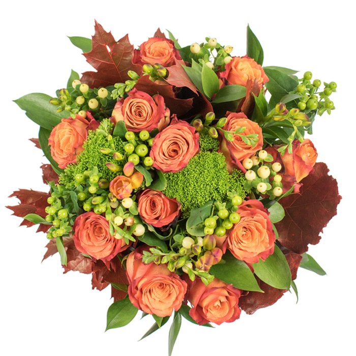 Seen from above on a pristine white plane, this autumn-inspired bouquet is a careful conversation between warm color and varied texture, the sort of composition we often prepare at Florist Canning Town for homes around Canning Town station and the Royal Victoria Dock. Large, fully opened roses form the visual core, their interiors a soft, sunlit peach that graduates to deeper coral-orange and finally to a rust-tinged rim-a natural ombré echoing turning leaves. Interleaved among these roses are luminous clusters of hypericum berries: an electric lime-green that pops like new growth, and a mellow creamy-yellow that settles the eye. The Green Trick dianthus appears as cushiony, almost moss-like spheres that add an unexpected tactile quality, dense and velvety in contrast to the silky petals. Rich, dark reddish-brown leaves with lobed shapes are distributed throughout the design, bringing an autumnal earthiness and visual weight similar to collected leaves from a walk along the docks. Complementary fresh green foliage, some broad and glossy, provides a lush backdrop and breathable structure, allowing the composition to feel abundant without overwhelming. Light falls gently across the arrangement, accentuating velvety textures and waxing fruit-like berries, while a subtle scent of roses and green earth lingers. This bouquet reads as both celebratory and comforting-perfect for Thanksgiving, seasonal dining tables, or as a thoughtful gift delivered locally across Newham and the Royal Docks area, where residents appreciate flowers that feel of the season and place.