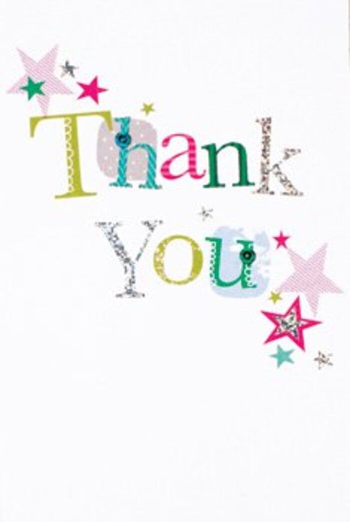 With its gracefully curated arrangement of letters, this thank you card presents an air of understated exuberance and modern style, subtly reflecting the artistic energy found around Canning Town's emerging creative spaces. Every character-some whimsically adorned with playful dots and flowing curves, others refined with metallic silver or gentle stitches-dances with individuality, their vibrance echoed in the area's lively markets. Radiant stars, some lined with shimmering pink stripes, others in turquoise or sleek silver, seem to bless the message with a celebratory spark reminiscent of a festival evening by the Thames. The clean white canvas of the card allows these elements to breathe, giving the composition a lightness akin to the breezy gardens near Canning Town station. This is more than just a card; it carries a gesture of appreciation as uplifting as a surprise bouquet on a friend's doorstep-a universal token of gratitude suitable for any occasion. Its gentle sophistication and touch of playfulness symbolise the caring, community-driven spirit thriving locally.