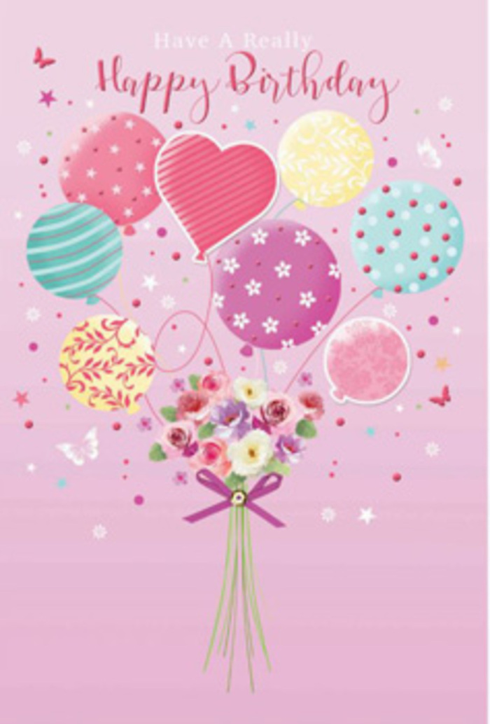 In this tender birthday scene, a pastel sky of soft pink forms the backdrop for a floating garden of balloons and blossoms, evoking the gentle buzz of celebration you might feel on a special day in Canning Town. A generous cluster of balloons hovers at the top of the design, each one painted in soothing shades of pale sunshine yellow, rosy fuchsia, minty teal, and lavender. Their surfaces are adorned with an array of joyful motifs-curving ribbons, scattered polka dots, delicate floral prints, and swirling lines that give the impression of movement, as if the balloons were gently bobbing in the air along Barking Road. Below, a dainty hand-tied bouquet serves as the anchor, as though the flowers themselves are lifting the balloons towards the sky. Petite roses and small daisy-like blooms form the heart of this arrangement, with petals that shift from creamy ivory to soft rose, tinted as if brushed by morning light slipping through a Canning Town window. Their texture appears velvety and fresh, suggesting flowers just selected from a local market. A petite purple bow cinches the stems, its satin sheen adding a subtle touch of glamour. Around the bouquet, whimsical butterflies and twinkling star details flit and sparkle, reinforcing the dreamy, almost storybook quality of the piece. The overall feeling is one of gentle jubilation-a quiet yet heartfelt birthday greeting that whispers happiness and makes the recipient feel cherished. It captures how a thoughtfully chosen floral card design can turn a simple birthday message into an uplifting keepsake filled with warmth, colour, and affection.