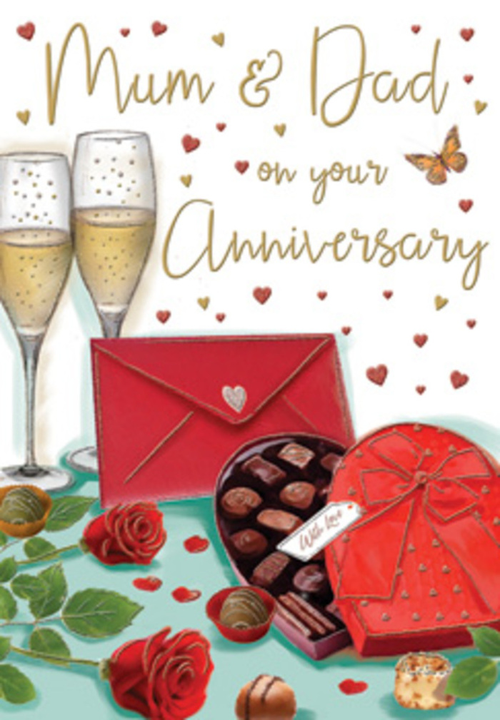 Atmospheric anniversary card artwork that feels like stepping into a quiet evening celebration in Canning Town, crafted with the same attention to texture and mood a florist gives to a special bouquet. In the foreground, a pair of rich red roses rests on a smooth tabletop, their petals painted with fine, curved strokes that give a sense of plush, velvety depth, as if you could brush them gently with your fingertips. The roses are framed by full, green leaves, each edged with subtle highlights that suggest soft indoor lighting, perhaps in a dining room set for an intimate family toast. Beside the flowers sits a heart-shaped box of chocolates, painted in warm, cocoa-brown tones and crowned with an opulent red bow. The ribbon appears slightly glossy, with delicate shading that makes each fold believable, like a beautifully tied gift you might present after dinner at home near Star Lane. The box is open, revealing a tempting selection of chocolates, some round, some square, all arranged in neat rows that invite slow, shared indulgence. Just behind, two crystal-like champagne flutes stand almost touching, brimming with pale golden fizz. Tiny bubbles rise through the liquid, catching specks of imagined candlelight, creating that familiar sense of a celebratory toast. Scattered across the background, golden and crimson hearts float around scripted wishes for Mum & Dad, softening the scene with playful affection. A bright scarlet envelope lies close by, angled slightly as if just placed on the table, its sealed flap suggesting a heartfelt message penned earlier in the day. The entire composition glows with warmth, gratitude, and the quiet pride of a long marriage marked by thoughtful gestures and simple luxuries in a home somewhere off the main Canning Town high street.