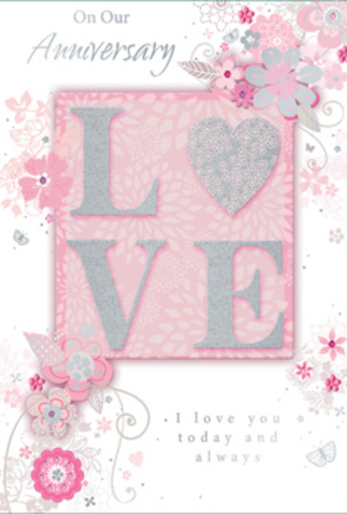 The image shows an anniversary card that feels as serene and welcoming as stepping into a sunlit living room overlooking the streets of Canning Town. At the heart of the design, the word LOVE stands proud in raised, frosted glitter print, each letter slightly embossed, creating a luxe, tactile detail you can almost feel beneath your fingertips. The glitter is soft and refined, catching the light in a gentle way, like sunlight playing over the surface of a pale pink rose. Around this central word, wispy, hand-drawn blooms drift along the borders, forming an airy frame. Their petals are washed in gentle shades of pink, lilac, and ivory, with delicate grey outlines that give the impression of pencil sketches refined with watercolour. Tiny leaves and tendrils weave between the blossoms, while subtle, almost-hidden butterflies flutter among the lines, adding a sense of hushed movement, like a quiet breeze crossing a small garden near Star Lane. The background rests in a soothing blush tone, kept light and uncluttered so the floral artwork can breathe. Nestled beneath or beside the main motif, in calm and graceful type, is the message I love you today and always, printed in a style that feels thoughtful and understated rather than showy. The arrangement of text and illustration resembles a carefully composed floral display at a local studio such as Florist Canning Town, where each element is balanced to create harmony. Overall, the card comes across as a paper bouquet: elegant, comforting, and infused with gratitude, ideal for honouring a longstanding relationship with quiet, everyday devotion.