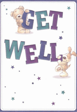 A sense of tenderness fills this delightful get well card, lovingly illustrated with the kind of charm found in cherished Canning Town corners. Against a pure, inviting background reminiscent of early-morning market stalls near Rathbone Street, a fuzzy teddy bear, its fur illustrated with soft, textured strokes, gently balances atop the bold word 'GET.' Nearby, a playful puppy with velvety, drooping ears offers a nuzzle of encouragement along the sturdy letters of 'WELL.' Their rounded features and expressive, hopeful gazes exude affection and gentle energy. The lettering boasts deep violets and rich teal blues, their saturated hues bringing life to the message just as fresh blooms do at local shops along Barking Road. Scattered stars, painted in shifting shades of blue and purple, gleam like the first lights twinkling across the ExCeL skyline after dusk, lending an air of possibility to the scene. Every detail, from the tactile suggestion of plush fur to the buoyant arrangement of figures and text, resonates with the thoughtful care poured into a hand-picked floral arrangement. As with a bouquet crafted and delivered locally by expert hands, the card feels designed to brighten a challenging moment-a joyful visual embrace perfect for a neighbour, friend, or family member in Canning Town needing a little extra cheer.