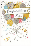 A beautifully detailed congratulations card fills the image, designed with the same care a florist might give to arranging a celebratory bouquet for a Canning Town doorstep. The central focus is a cheerful cluster of round balloons, layered generously so they seem to billow forward from the card's surface. Their colours blend harmoniously-soft gold, champagne, silver, sky blue, blush pink, and misty grey-each balloon adorned with its own motif of twinkling stars, slender stripes, or fine speckles of glitter. The metallic accents catch the eye like sunlight glancing off the glass of nearby high-rises by the Royal Docks, giving the impression of a gentle, sparkling glow. From the base of the balloons, elegant ribbons in shining gold and silver drift downward in loose curls, adding graceful movement and tying the visual elements together. Floating across the centre, a classic banner bears the message Congratulations To You in refined, looping calligraphy, its style suggesting thoughtfulness and genuine admiration rather than loud fanfare. Around the arrangement, scattered stars, confetti, and swirling lines dance against a soft, neutral background, echoing the carefree energy of a surprise party that spills out onto the pavements around Barking Road. The card looks subtly textured, as if areas of glitter might feel slightly raised and the ink of the script extra smooth under your fingertips. Overall, the composition radiates joyful pride and gentle sophistication, making it an ideal partner for a fresh flower delivery in Canning Town-perfect for celebrating exam success, a new job, or any proud moment worthy of a heartfelt, beautifully presented well done.