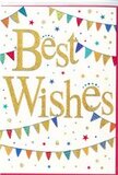 A festive Best Wishes card is pictured, designed with the kind of gentle exuberance that suits almost any happy occasion in Canning Town. The background is a clear, snowy white, which allows the central message to stand out: Best Wishes written in flowing, metallic gold script. The letters appear ever so slightly raised and subtly glittering, as though brushed with fine gold dust, giving the words a sense of luxury and warmth you might associate with a special celebration dinner near the Royal Docks. Curving across the top and bottom of the card, strands of colourful bunting form graceful arcs framing the sentiment. Each small triangular flag is painted in bold, joyful colours-rich reds, deep blues, grassy greens, sunshine yellows, and a few softer tones like coral and aqua. Some pennants carry tiny stripes, others neat polka dots, and a few more complex, mosaic-style patterns, suggesting a hand-crafted feel, much like home-made decorations hung across a local community hall off Barking Road. Between the arcs of bunting and around the golden lettering, the designer has scattered miniature stars and round confetti dots in coordinating hues. These shapes appear random yet balanced, as if captured at the moment they were tossed into the air, adding a sense of movement and spontaneity without cluttering the space. The card's overall composition remains airy, clean, and modern, while still evoking the noise and colour of a joyful gathering. It would pair beautifully with a bouquet sent to mark a promotion, a move into a new flat in Canning Town, or any moment where you want your flowers to arrive with a clear message of happiness, encouragement, and heartfelt good wishes.