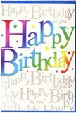 This joyful birthday card feels like opening the door to a surprise party, its design combining playful colour with refined sparkle in a way that suits celebrations across Canning Town, from cosy home gatherings to lively evenings out. Stretching across the front, the words Happy Birthday are spelled in bold, rounded letters that look as though they've been carefully brushed on by hand. Each letter carries its own vivid hue, and together they move through a smooth rainbow: crimson slips into orange, golden yellow melts into lush green, which fades into turquoise, sapphire, and a soft plum at the end. The effect is reminiscent of a cheerful row of bunting strung above a local street market, where every flag adds to the overall sense of festivity. The finish of the letters appears slightly glossy, catching and reflecting light just enough to give a polished, almost celebratory shine. Behind this rainbow greeting, the backdrop is covered in delicate golden handwriting, looping gracefully as the phrase Happy Birthday to you repeats in gentle waves from top to bottom. The gold ink has a subtle metallic shimmer, comparable to fairy lights glowing softly in a Canning Town café window as evening settles in. Between the lines of script, fine flecks of sparkle and light decorative accents add texture and depth, giving the impression of confetti hanging in the air mid-celebration. The entire card feels warm, uplifting, and thoughtfully designed-an ideal companion to a hand-delivered bouquet, chosen by someone who wants the birthday wishes to feel as bright and memorable as the occasion itself.
