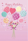 A whimsical birthday design unfolds like a storybook illustration, set against a soft pink background that feels as calm and welcoming as a peaceful evening stroll through Canning Town. A bouquet of pastel balloons floats upward, their strings gathering into a cluster of fresh flowers at the base. Each balloon has its own personality: some are wrapped in candy-coloured stripes of pink, lemon, and teal, others are sprinkled with cheerful polka dots, while a central heart-shaped balloon radiates a gentle sense of love and appreciation. The colours-blush, sea green, lavender, and warm yellow-blend harmoniously, creating a cloud of uplifting hues that seem to glow in a soft, diffused light. Beneath the balloons, a hand-tied bouquet of delicate roses and anemone-like blossoms in ivory, blush pink, and dusky mauve comes together, their petals feathery and tender, almost tangible. The stems are gathered neatly with a violet satin bow, its smooth texture and subtle sheen reminiscent of ribbon carefully tied around a special birthday gift. Tiny stars and butterfly details are scattered around the composition, adding a touch of fairy-tale magic, like confetti caught midsway. The atmosphere is airy and joyful, with an imagined hint of sweet floral fragrance rising from the bouquet, just as you might notice when receiving a surprise delivery at your Canning Town doorstep. This design captures the spirit of a bright, unforgettable birthday-light-hearted, affectionate, and crafted with the same thoughtful care a local florist would put into every celebratory arrangement.