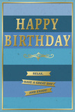 The scene features a sophisticated birthday card, propped upright against a neutral background, its design centred on a tranquil marriage of blue tones and gleaming gold details that would sit beautifully next to a vase of fresh flowers in a Canning Town living room. The card's entire face is divided into wide, horizontal bands of blue, blending smoothly from a dark, almost midnight navy at the top to a light, breezy sky blue at the base. This gentle ombré effect feels soothing and expansive, reminiscent of early morning light over the nearby Royal Victoria Dock. In the middle of the card, the words HAPPY BIRTHDAY stretch proudly across the stripes in capitalised gold foil. The letters are embossed, creating a subtle shadow around each one, and the metallic finish captures little flashes of brightness, as if reflecting soft indoor lighting. Just beneath, an ornamental gold flourish curls outward in an elegant symmetrical pattern, like a vintage design you might see on classic stationery. Below this motif, three neat gold banners line up vertically, each ribbon containing part of the warm message Relax, have a great day and enjoy! The banners are distinct but harmonious, their gold surface slightly raised and reflective. A slender gold line frames the entire front of the card, adding a final touch of polish and structure. The card stock appears thick and velvety matte, giving the blues a deep, calm richness that contrasts with the smooth shine of the metallic accents. Altogether, the card radiates gentle celebration and calm encouragement, the kind of thoughtful birthday greeting a Canning Town local might choose to accompany same-day flower delivery for someone who treasures quiet, meaningful moments.