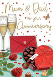 Illustrated anniversary card that captures the romantic calm of a shared evening in Canning Town, composed with layered details that feel almost tangible. At the heart of the scene, two red roses lie gracefully on a surface, their deep crimson petals rendered with delicate shading that mimics the fullness and softness of freshly opened blooms from a trusted local florist. The roses are cradled by rich green leaves, their veins lightly suggested with fine strokes, giving the foliage a natural, freshly cut appearance. Nestled beside them is a heart-shaped box of chocolates, slightly open so you can see the carefully arranged truffles inside. The box is adorned with an extravagant red bow, each loop and tail painted with subtle highlights that convey a silky, luxurious texture, reminiscent of a carefully wrapped gift exchanged at home just off Barking Road. Standing behind this indulgent duo, a pair of slender champagne flutes rises in unison, filled with sparkling golden champagne. Tiny bubbles climb through the liquid, echoing the celebratory spirit of an anniversary toast shared at the dining table once the house has grown quiet. Around the glasses and flowers, small gold and crimson hearts drift in the background, framing the hand-lettered Mum & Dad message with playful affection and a sense of legacy. In the foreground, a rich red envelope rests on the table, sealed and slightly angled toward the viewer, hinting at private words of love and thanks. The entire image radiates warmth, intimacy, and the sense of a well-loved couple marking another year together in their Canning Town home, surrounded by familiar comforts and the simple elegance of roses, chocolate, and champagne.